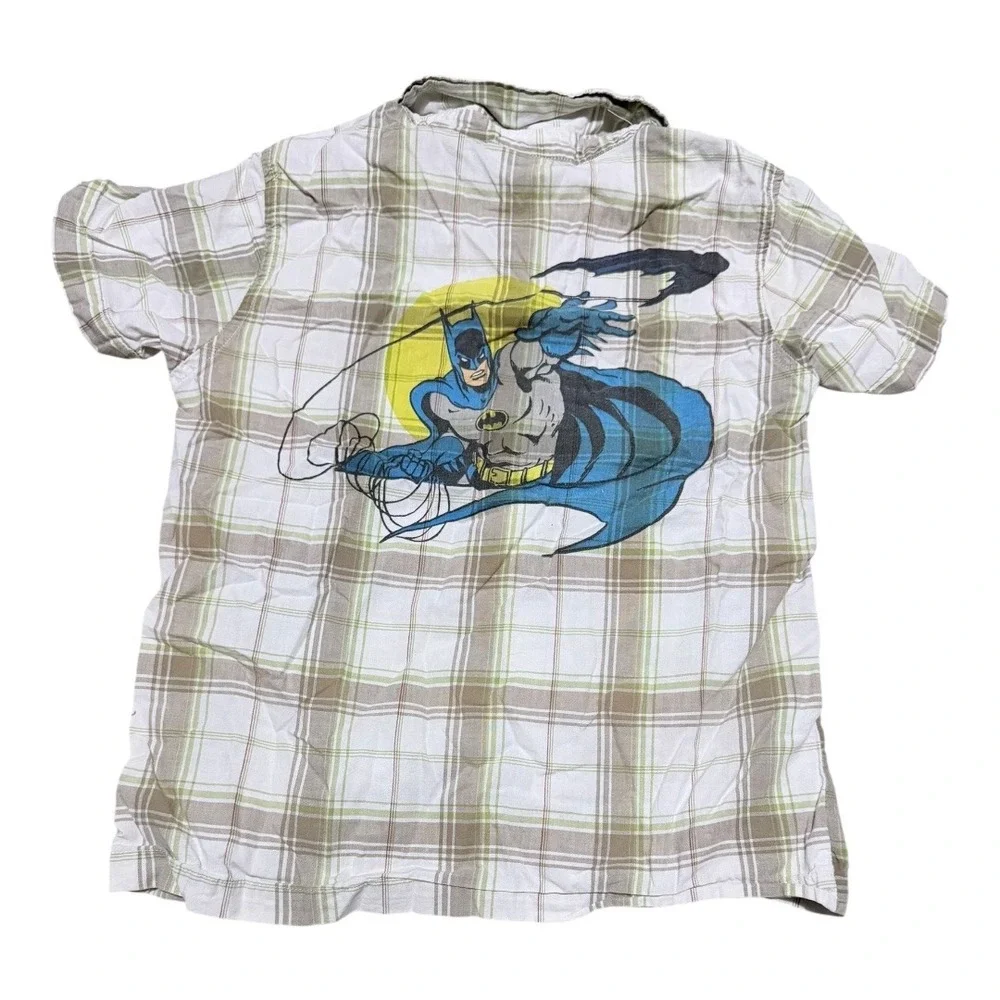 DC Comics Batman Shirt Kids Size 6 Plaid Button Down‎ Short Sleeve Beige Green
